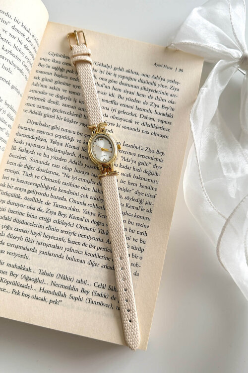 Coco Bej Beyaz Yuvarlak Kadran Deri Dokulu Kordon Kadın Kol Saati