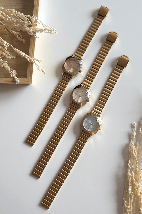 Corven Pudra Gold Yuvarlak Kadran Gold Çelik Kordon Kadın Kol Saati (1)