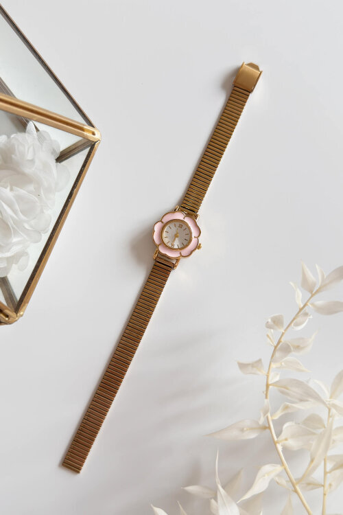 Desing Pudra Mineli Çiçek Kadran Gold Çelik Kordon Kadın Kol Saati 