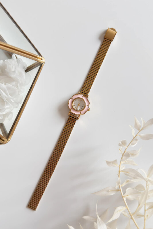 Desing Pudra Mineli Çiçek Kadran Gold Çelik Kordon Kadın Kol Saati - 1