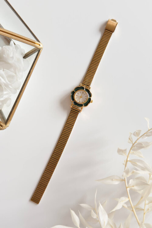 Desing Siyah Mineli Çiçek Kadran Gold Çelik Kordon Kadın Kol Saati