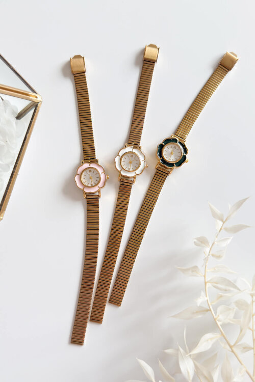 Desing Siyah Mineli Çiçek Kadran Gold Çelik Kordon Kadın Kol Saati (1)