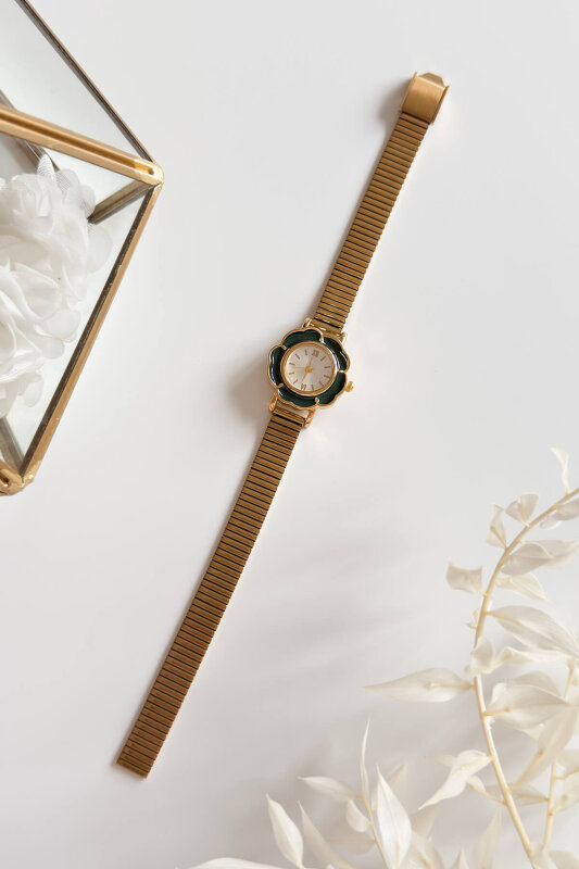 Desing Siyah Mineli Çiçek Kadran Gold Çelik Kordon Kadın Kol Saati - 1