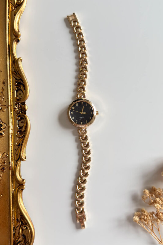 Elara Siyah Yuvarlak Kadran Gold Çelik Tasarım Kordon Kadın Kol Saati - 1