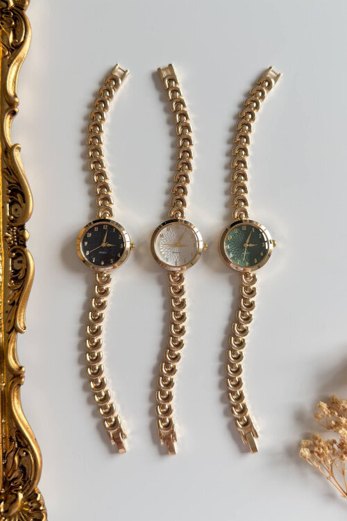 Elara Yeşil Yuvarlak Kadran Gold Çelik Tasarım Kordon Kadın Kol Saati (1)