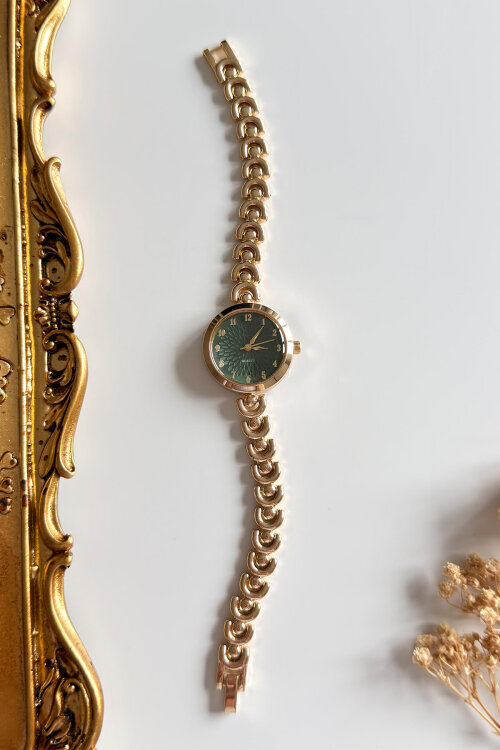 Elara Yeşil Yuvarlak Kadran Gold Çelik Tasarım Kordon Kadın Kol Saati
