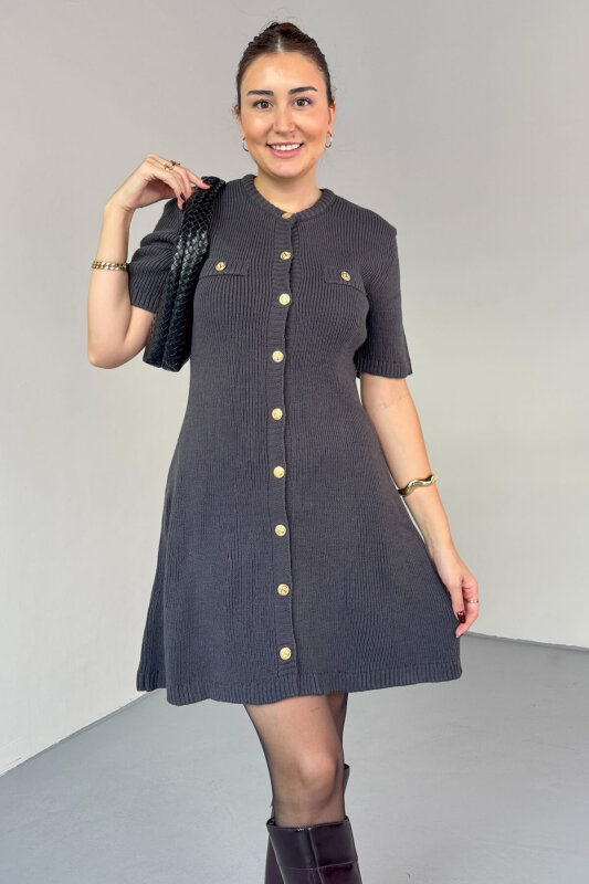 ELB-0159 Füme Gold Düğme Detaylı Triko Elbise - 2