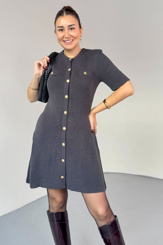 ELB-0159 Füme Gold Düğme Detaylı Triko Elbise - 1