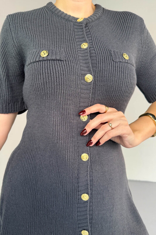 ELB-0159 Füme Gold Düğme Detaylı Triko Elbise - 3