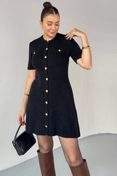 ELB-0159 Siyah Gold Düğme Detaylı Triko Elbise