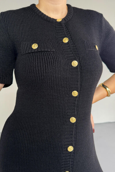 ELB-0159 Siyah Gold Düğme Detaylı Triko Elbise (1)