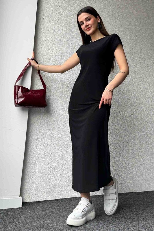 ELB-01723 Siyah Modal Kumaş Elbise - 1