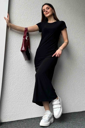 ELB-01723 Siyah Modal Kumaş Elbise - 3