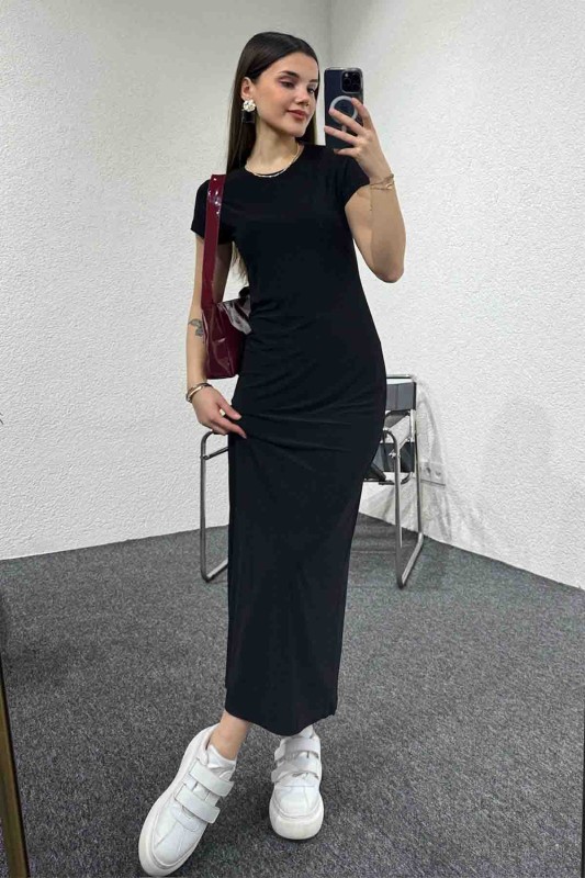 ELB-01723 Siyah Modal Kumaş Elbise - 4