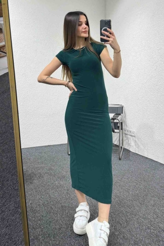 ELB-01723 Zümrüt Yeşili Modal Kumaş Elbise - 3