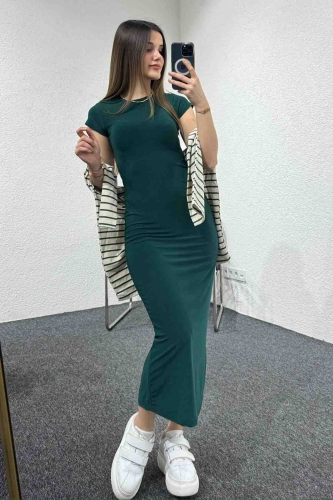 ELB-01723 Zümrüt Yeşili Modal Kumaş Elbise - 4
