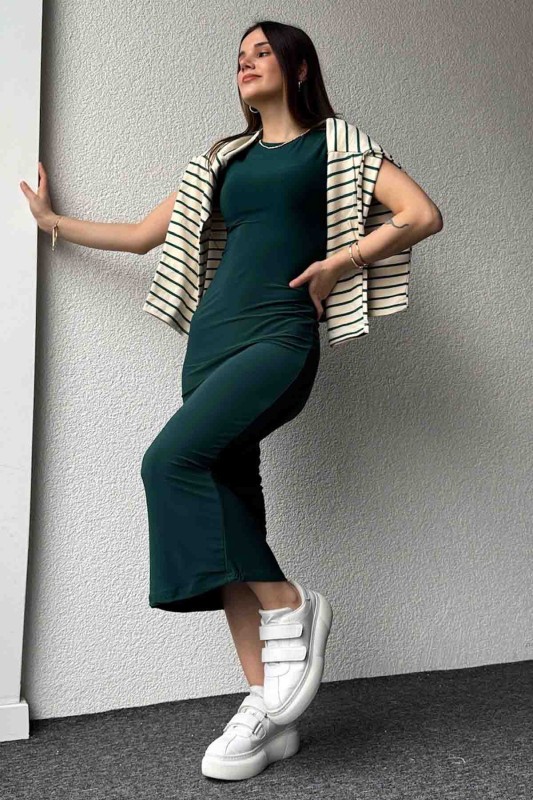 ELB-01723 Zümrüt Yeşili Modal Kumaş Elbise - 5