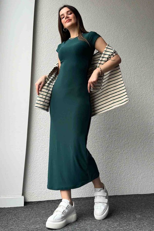 ELB-01723 Zümrüt Yeşili Modal Kumaş Elbise - 6