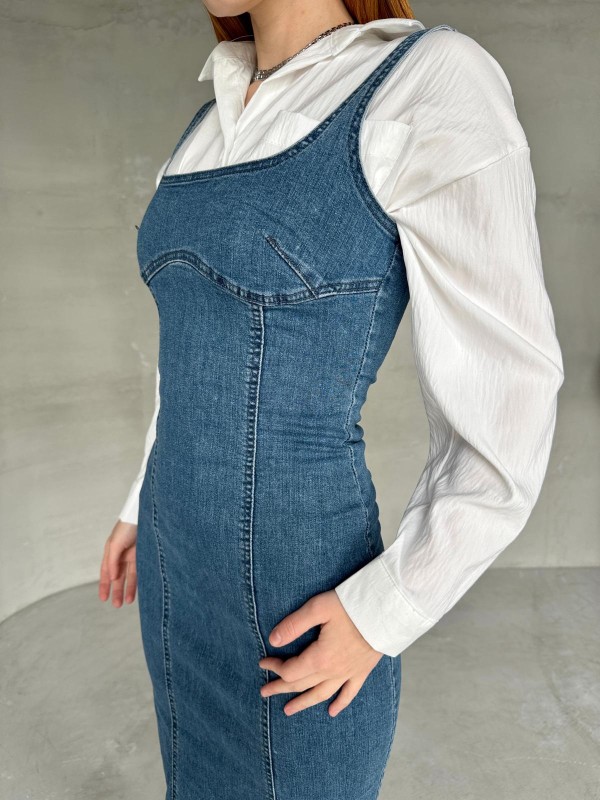 ELB-01742 Açık Mavi Havuz Yaka Denim Kumaş Arka Yırtmaç Detaylı Likralı Midiboy Elbise - 2