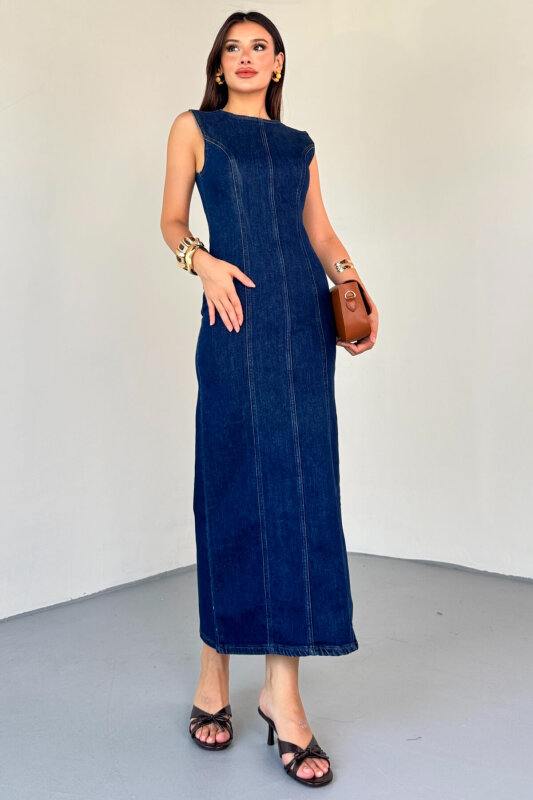 ELB-01745 Koyu Mavi Bisiklet Yaka Arka Fermuar Detay Yırtmaçlı Elbise - 5