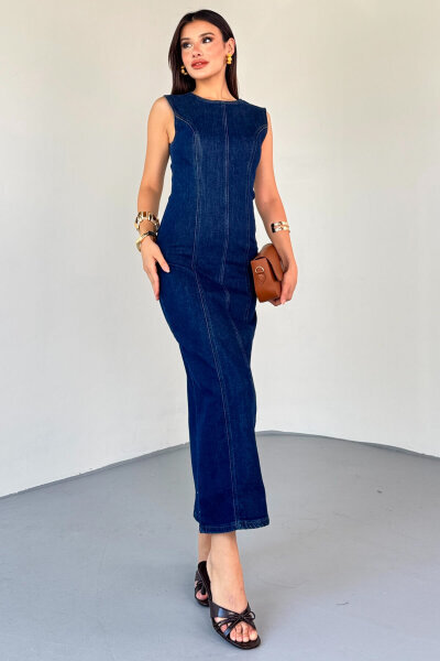 ELB-01745 Koyu Mavi Bisiklet Yaka Arka Fermuar Detay Yırtmaçlı Elbise - 1