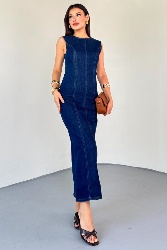 ELB-01745 Koyu Mavi Bisiklet Yaka Arka Fermuar Detay Yırtmaçlı Elbise - 1