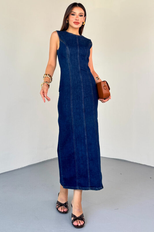 ELB-01745 Koyu Mavi Bisiklet Yaka Arka Fermuar Detay Yırtmaçlı Elbise - 6