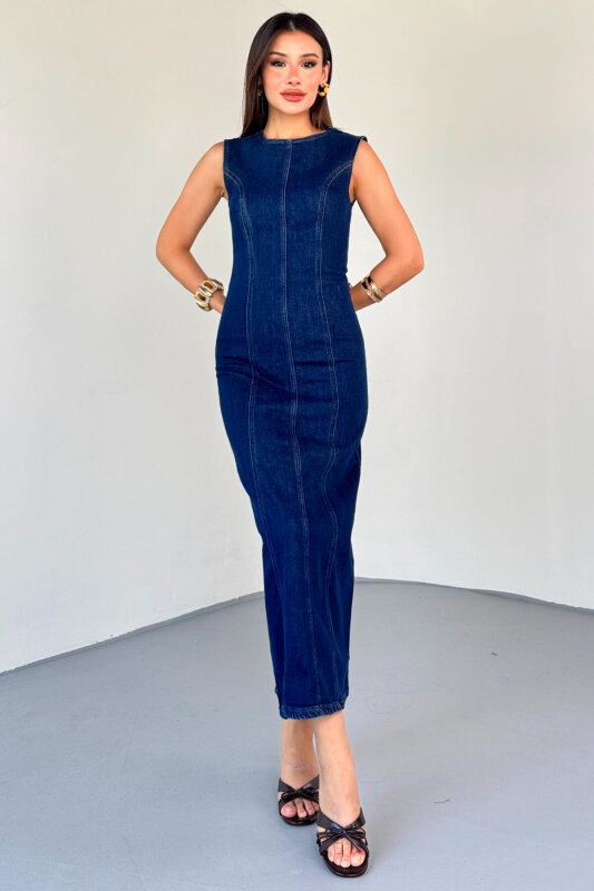 ELB-01745 Koyu Mavi Bisiklet Yaka Arka Fermuar Detay Yırtmaçlı Elbise - 7