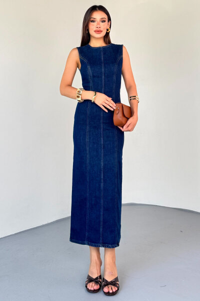 ELB-01745 Koyu Mavi Bisiklet Yaka Arka Fermuar Detay Yırtmaçlı Elbise - 3