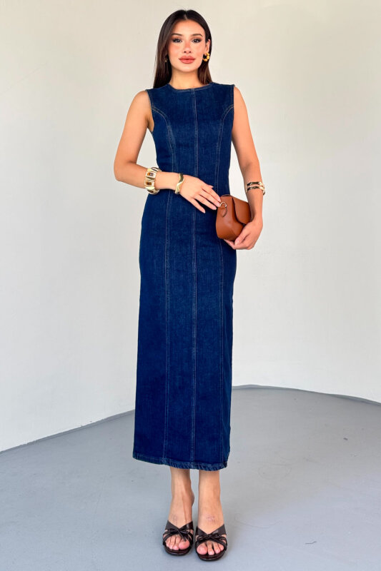 ELB-01745 Koyu Mavi Bisiklet Yaka Arka Fermuar Detay Yırtmaçlı Elbise - 3