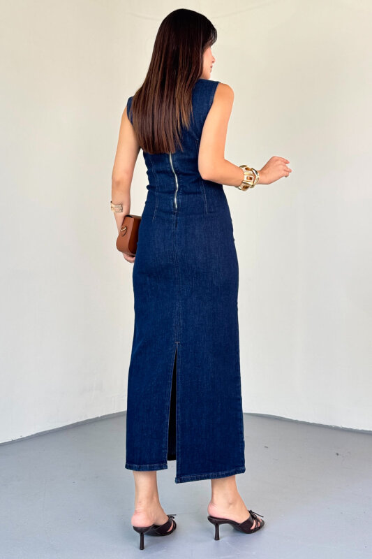 ELB-01745 Koyu Mavi Bisiklet Yaka Arka Fermuar Detay Yırtmaçlı Elbise - 8