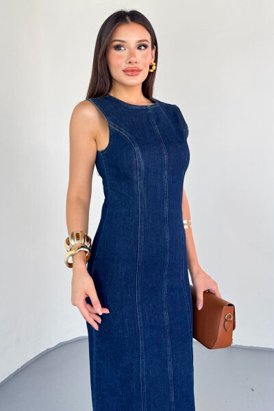 ELB-01745 Koyu Mavi Bisiklet Yaka Arka Fermuar Detay Yırtmaçlı Elbise - 9