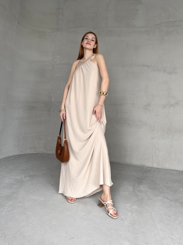 ELB-01746 Taş Rengi Tek Omuz Askılı Aerobin Kumaş Uzun Elbise - 1