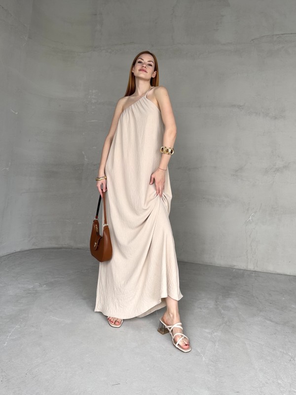 ELB-01746 Taş Rengi Tek Omuz Askılı Aerobin Kumaş Uzun Elbise - 1
