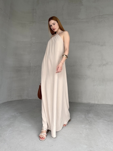 ELB-01746 Taş Rengi Tek Omuz Askılı Aerobin Kumaş Uzun Elbise - 2