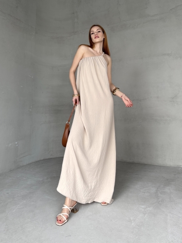 ELB-01746 Taş Rengi Tek Omuz Askılı Aerobin Kumaş Uzun Elbise - 3