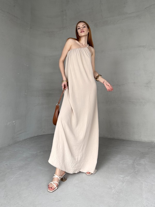 ELB-01746 Taş Rengi Tek Omuz Askılı Aerobin Kumaş Uzun Elbise - 3