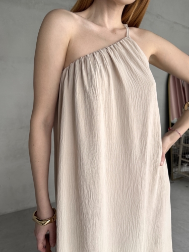 ELB-01746 Taş Rengi Tek Omuz Askılı Aerobin Kumaş Uzun Elbise - 4