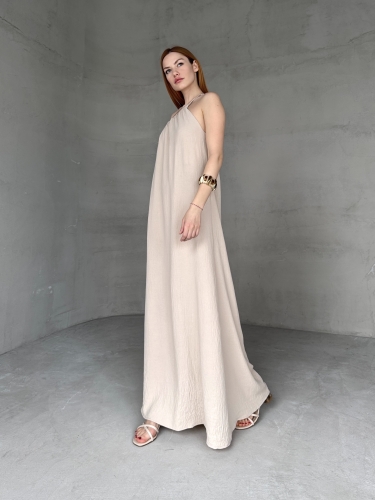 ELB-01746 Taş Rengi Tek Omuz Askılı Aerobin Kumaş Uzun Elbise - 5