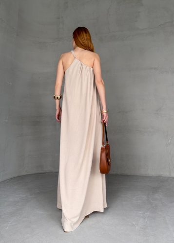ELB-01746 Taş Rengi Tek Omuz Askılı Aerobin Kumaş Uzun Elbise - 6