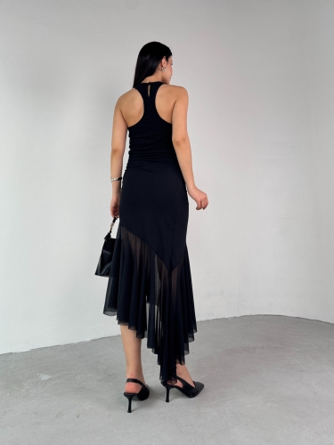ELB-01747 Siyah Halter Yaka Drapeli Tül Detay Elbise - 7