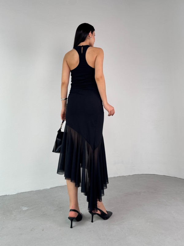 ELB-01747 Siyah Halter Yaka Drapeli Tül Detay Elbise - 7