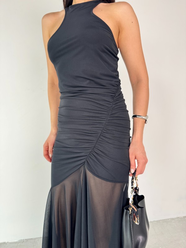 ELB-01747 Siyah Halter Yaka Drapeli Tül Detay Elbise - 2
