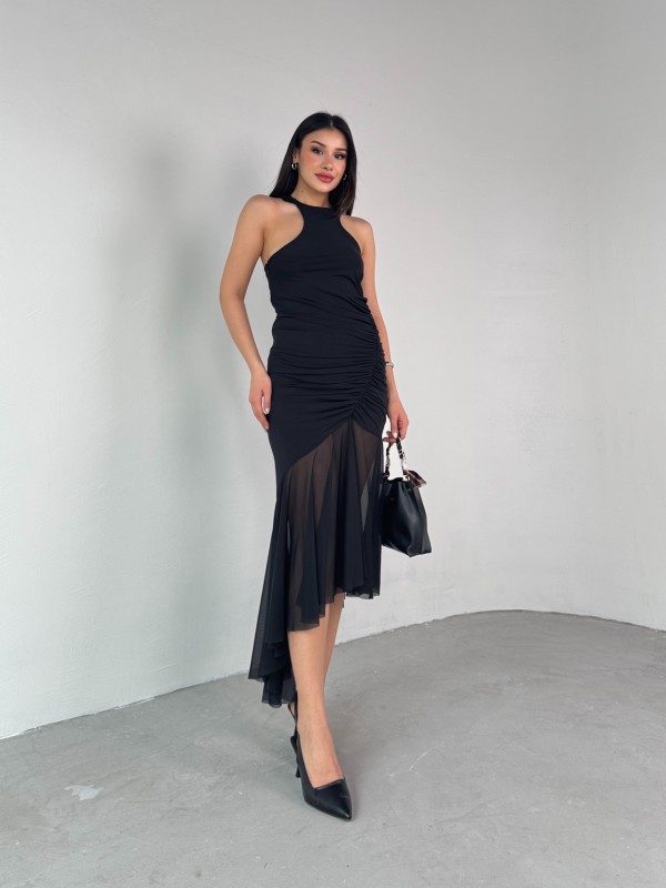 ELB-01747 Siyah Halter Yaka Drapeli Tül Detay Elbise - 1