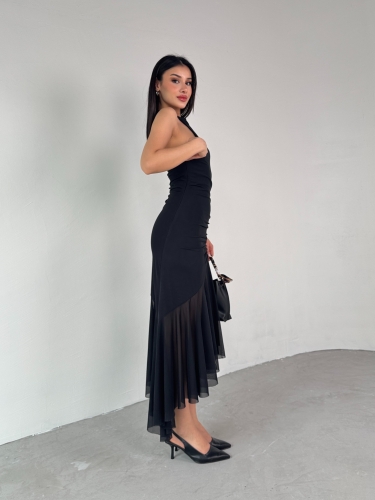 ELB-01747 Siyah Halter Yaka Drapeli Tül Detay Elbise - 3