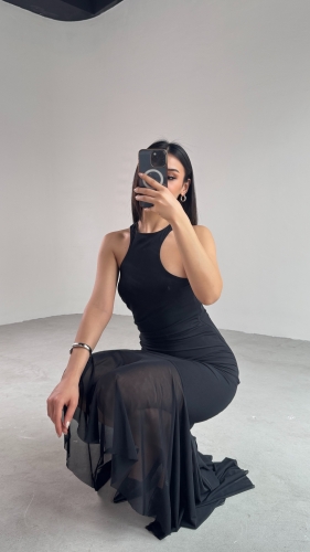 ELB-01747 Siyah Halter Yaka Drapeli Tül Detay Elbise - 4