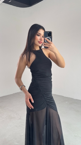 ELB-01747 Siyah Halter Yaka Drapeli Tül Detay Elbise - 5