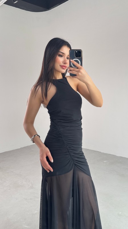 ELB-01747 Siyah Halter Yaka Drapeli Tül Detay Elbise - 5