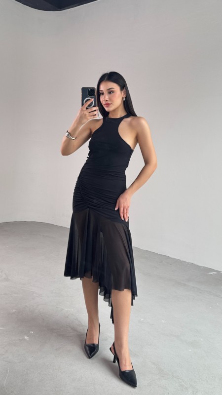ELB-01747 Siyah Halter Yaka Drapeli Tül Detay Elbise - 6