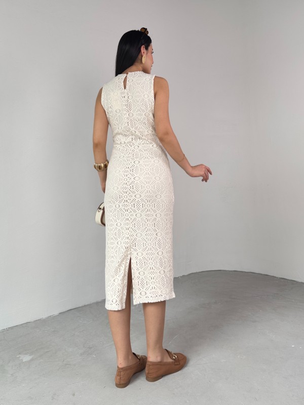 ELB-01748 Krem Rengi Sıfır Kol Bisiklet Yaka Ajur Elbise - 7